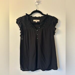 LOFT Black Blouse Ruffle Sleeves Eyelet Accents